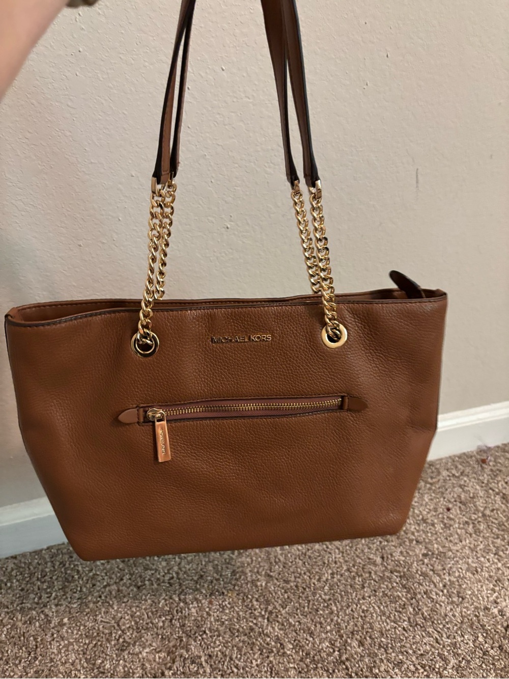 Michael Kors Brown Pebbled Leather Tote with Gold Chain Handles